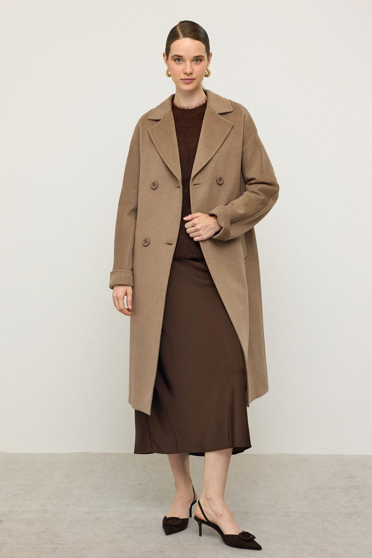 Bat Sleeve Point Stitch Detailed Cashmere Coat K. KAMEL 3101