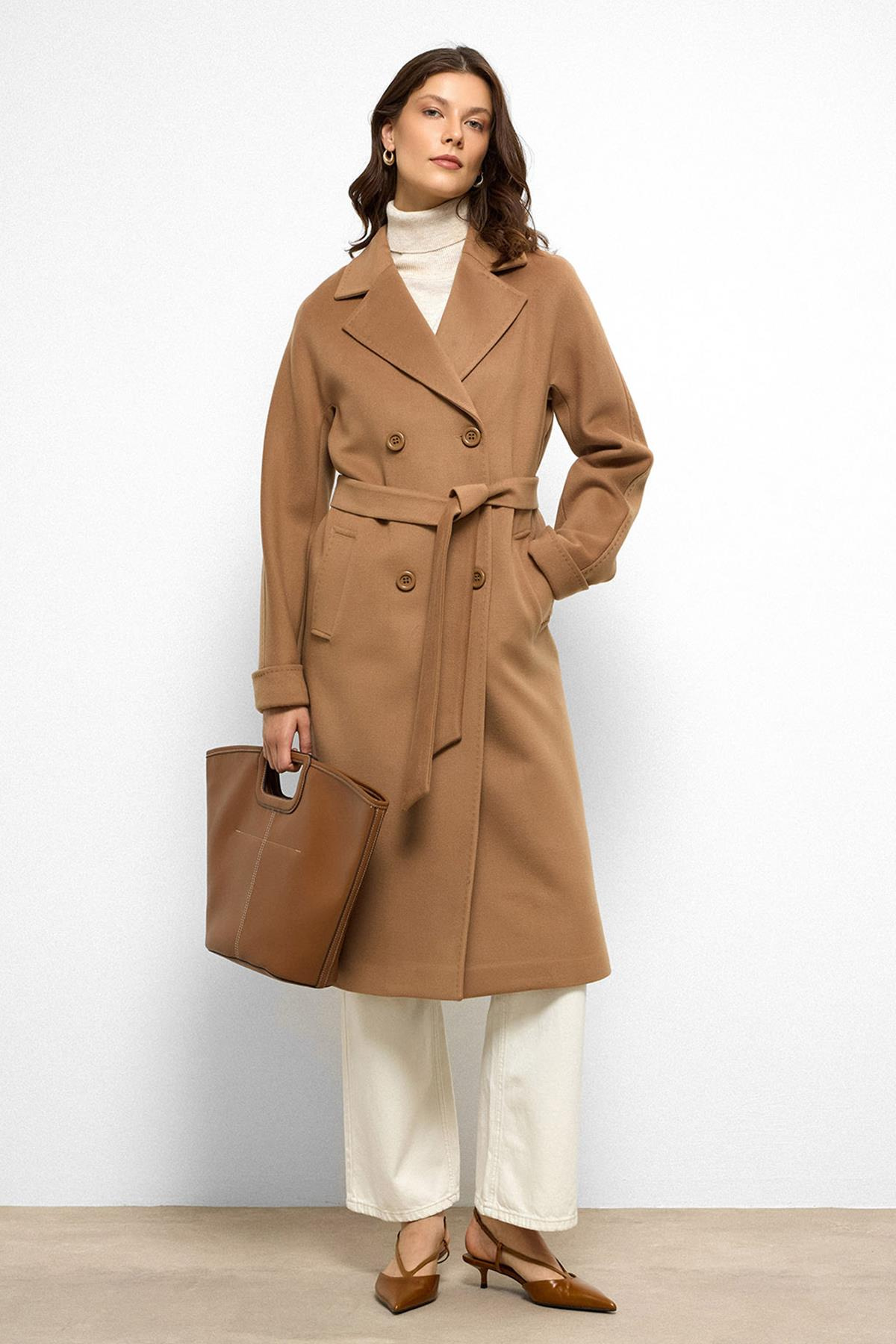 Bat Sleeve Point Stitch Detailed Cashmere Coat CAMEL 3101