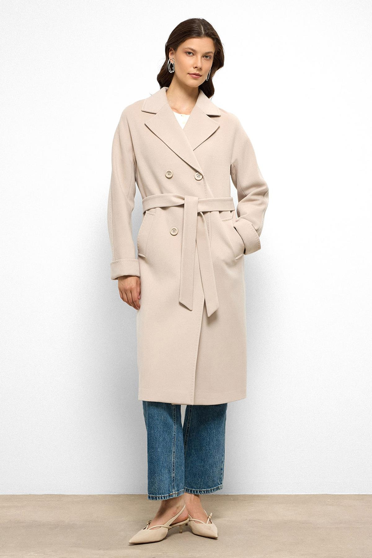 Yarasa Kol Punto Dikiş Detaylı Kaşmir Kaban AÇIK BEJ 3101