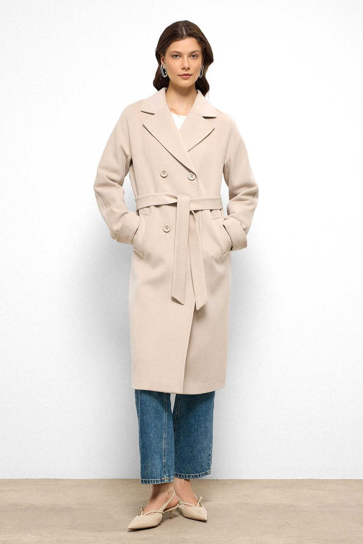 Yarasa Kol Punto Dikiş Detaylı Kaşmir Kaban AÇIK BEJ 3101