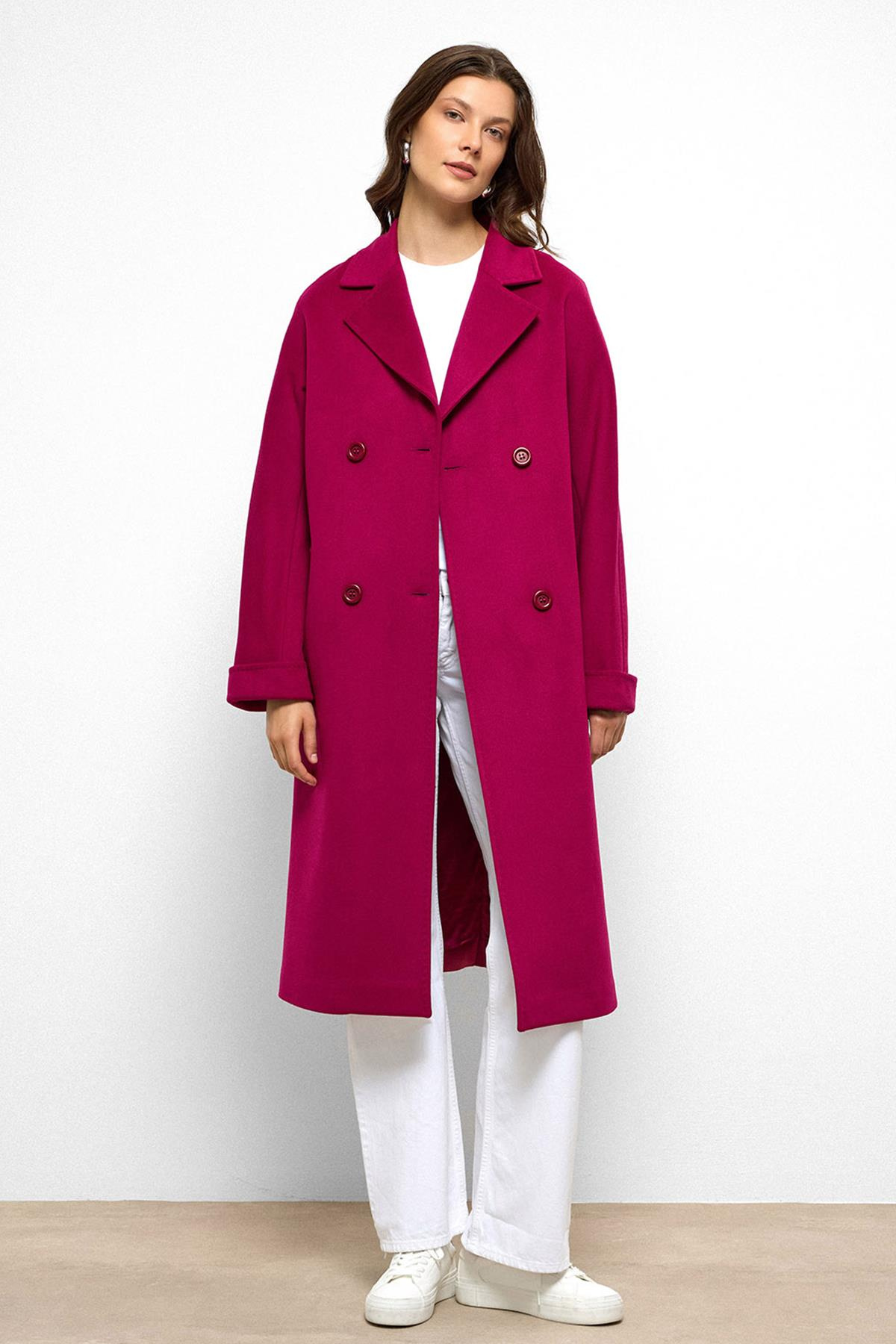 Bat Sleeve Point Stitch Detailed Cashmere Coat Fuchsia 3101