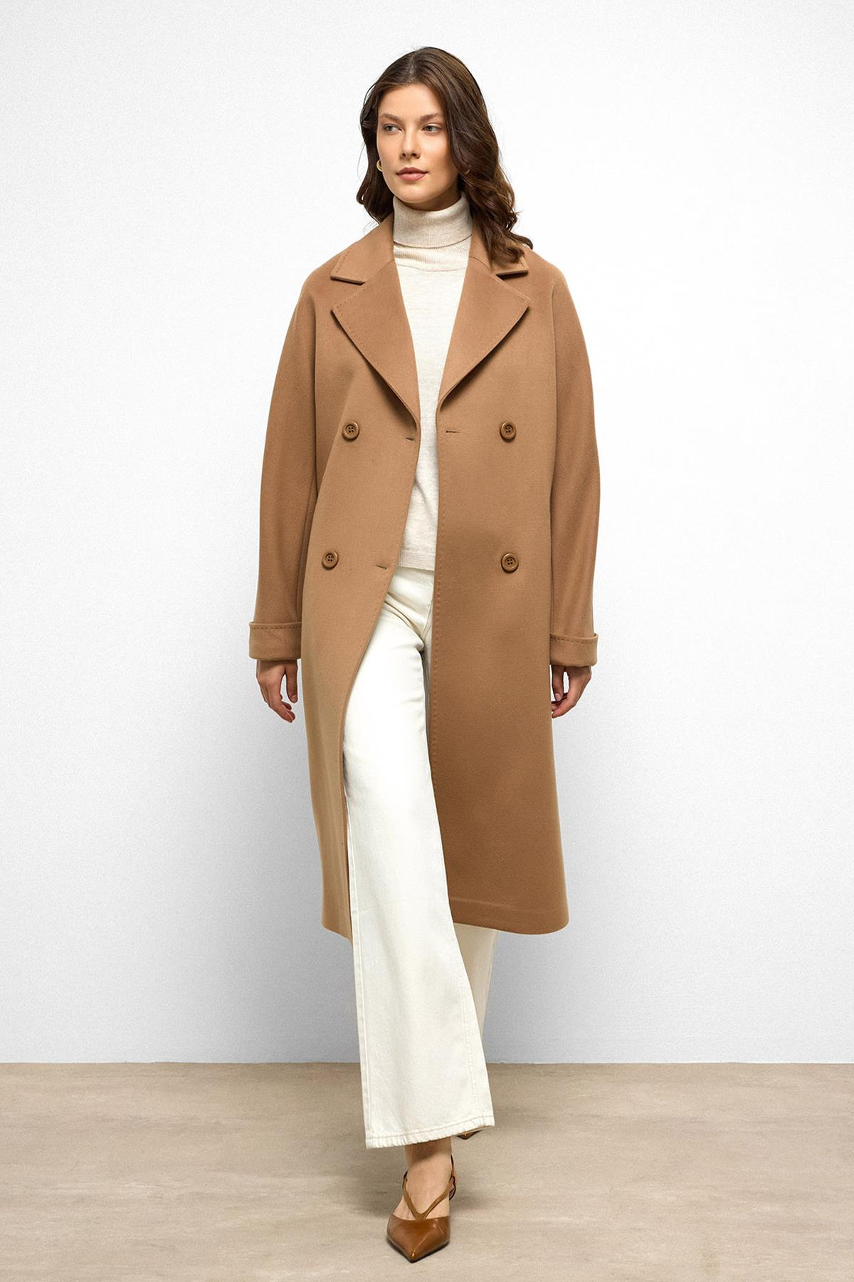 Bat Sleeve Point Stitch Detailed Cashmere Coat CAMEL 3101