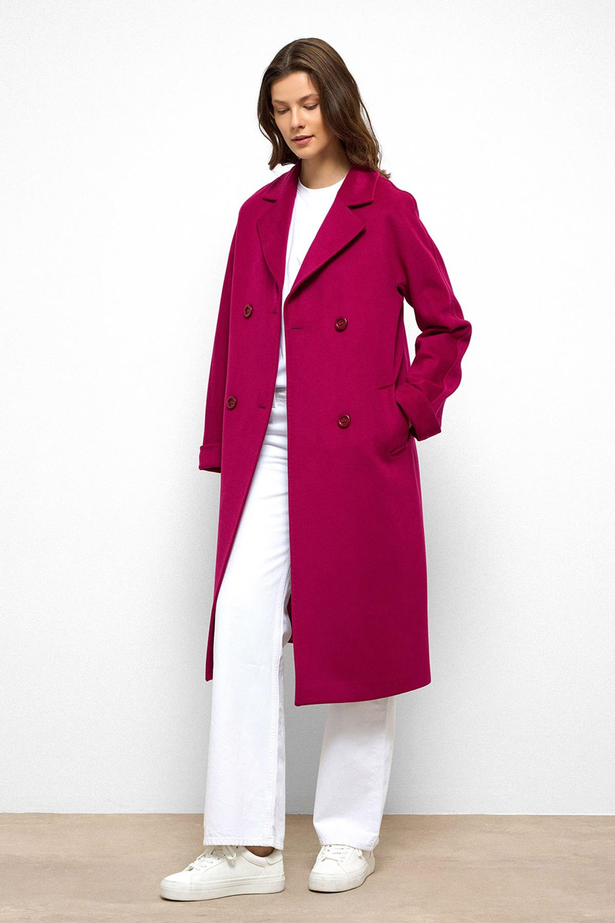 Bat Sleeve Point Stitch Detailed Cashmere Coat Fuchsia 3101