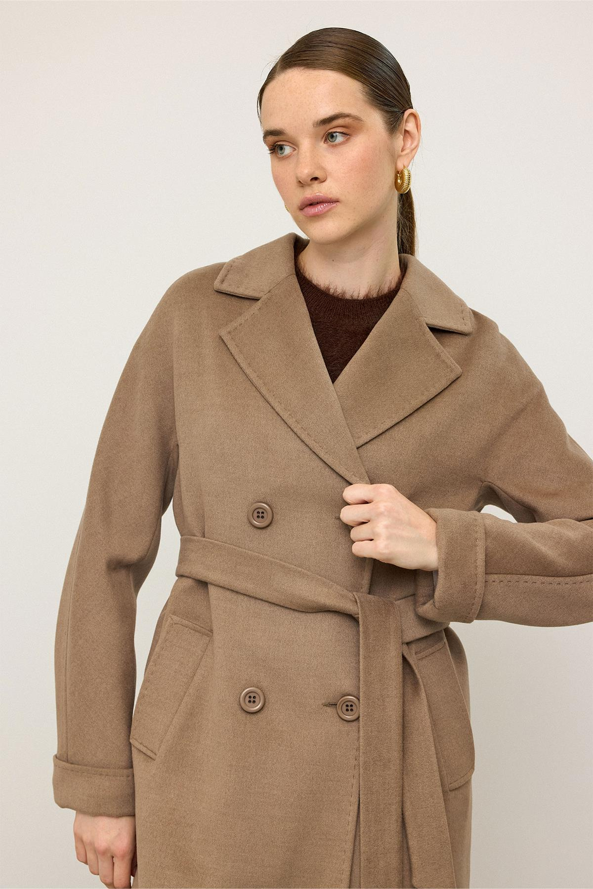 Bat Sleeve Point Stitch Detailed Cashmere Coat K. KAMEL 3101