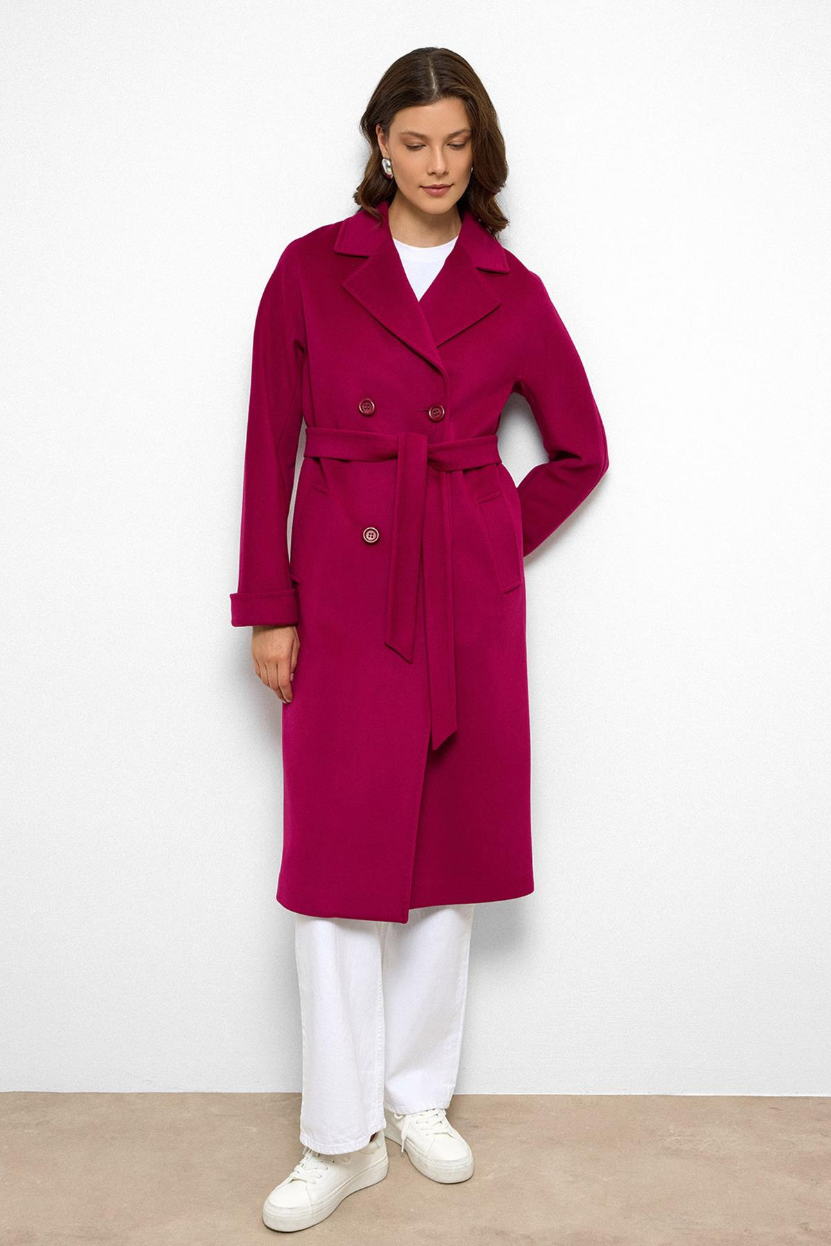 Bat Sleeve Point Stitch Detailed Cashmere Coat Fuchsia 3101