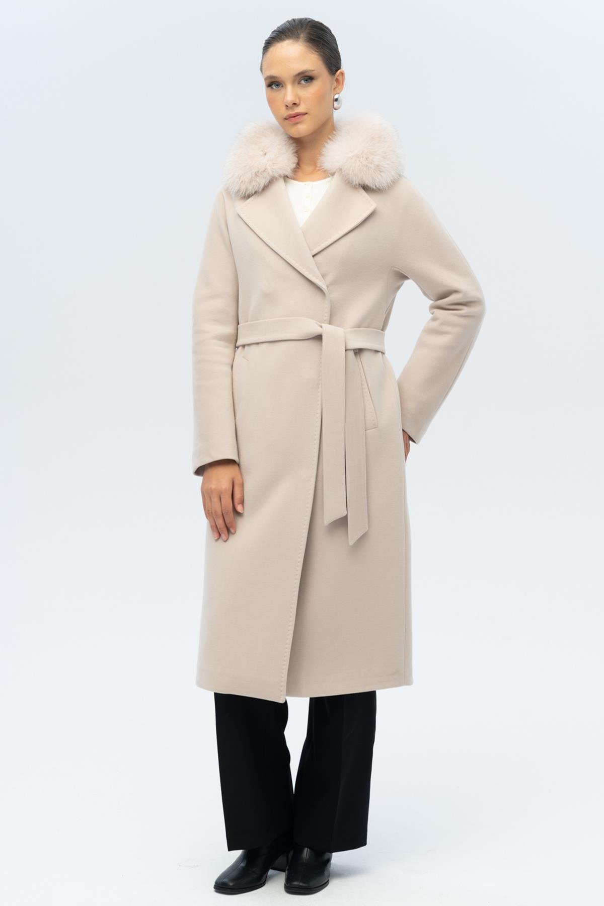 Cashmere Coat with Detachable Batwing Collar and Fur Punto Stitch Detail LIGHT BEIGE 3120-TK