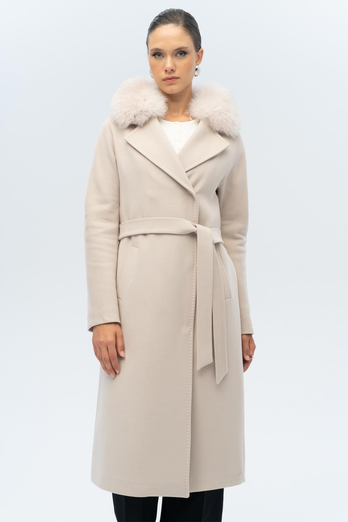 Cashmere Coat with Detachable Batwing Collar and Fur Punto Stitch Detail LIGHT BEIGE 3120-TK