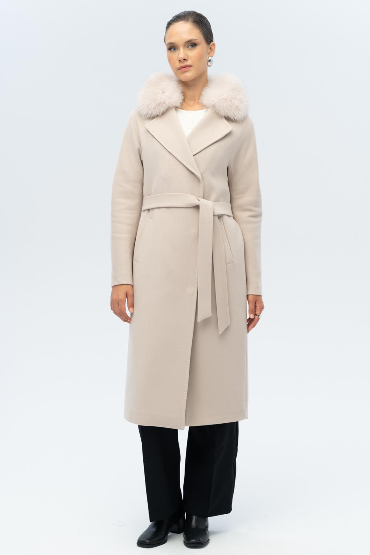 Cashmere Coat with Detachable Batwing Collar and Fur Punto Stitch Detail LIGHT BEIGE 3120-TK