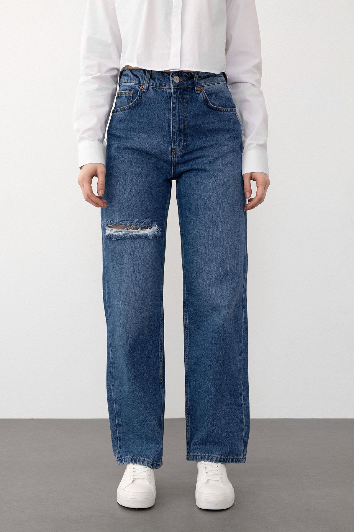 High Waist Wide Leg Ripped Jeans BLUE 7575