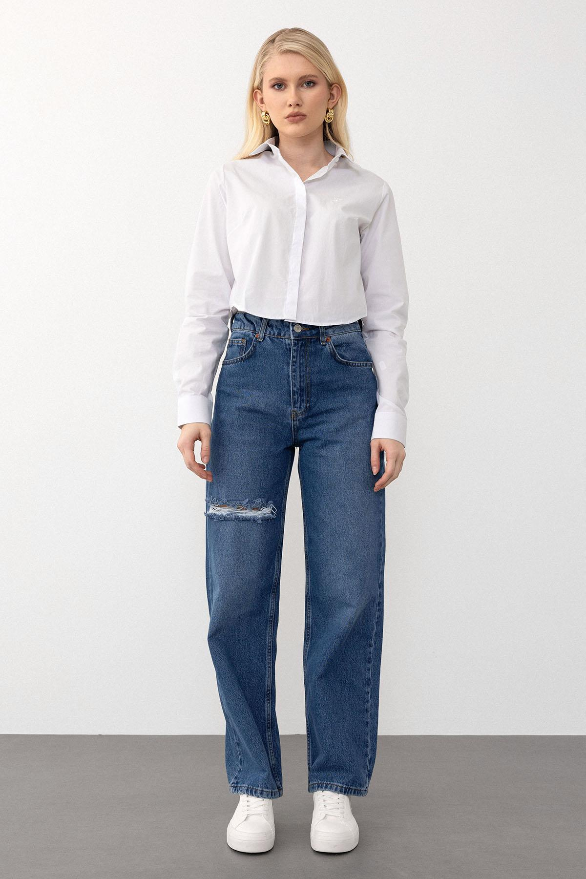 High Waist Wide Leg Ripped Jeans BLUE 7575