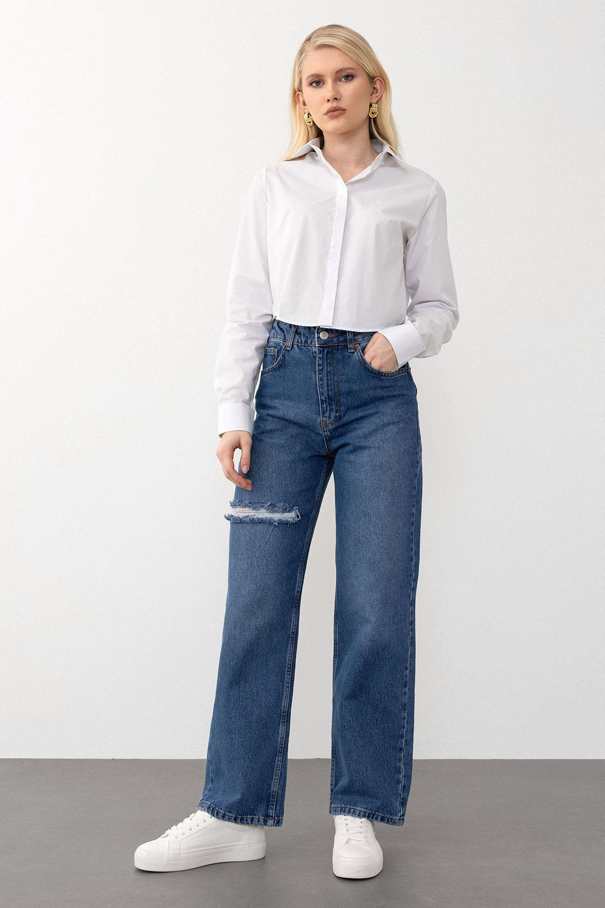 High Waist Wide Leg Ripped Jeans BLUE 7575