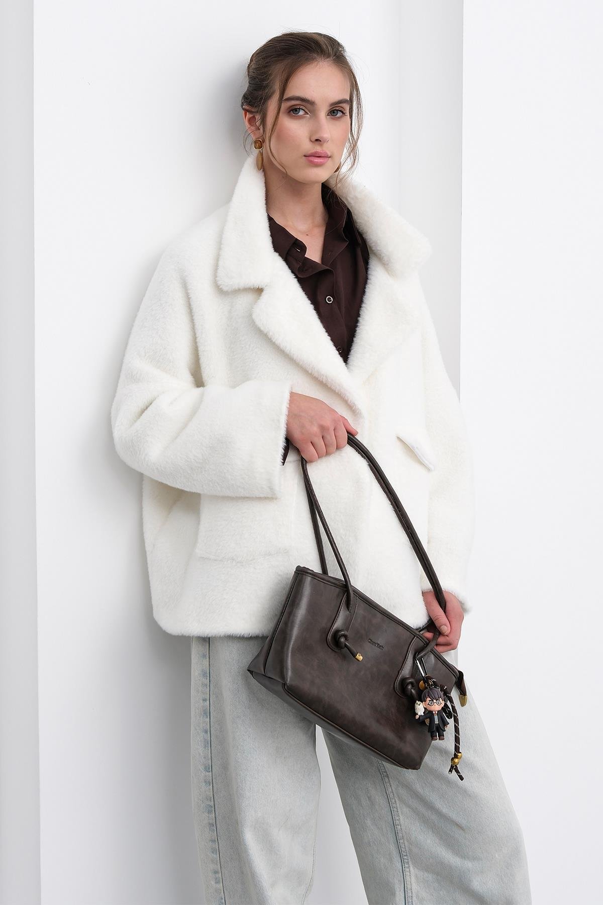 Angora Görünümlü Salaş Ceket BEYAZ 8279