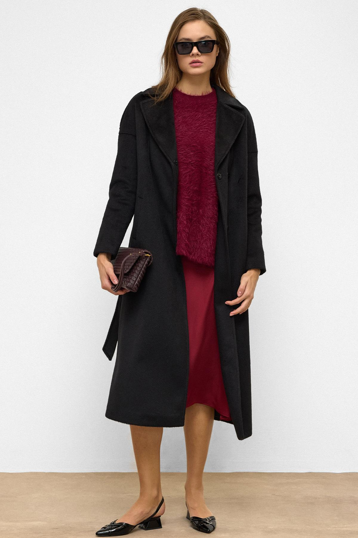 Oversized Mohair Coat with Epaulette Detail and Snap Closure BLACK 3147