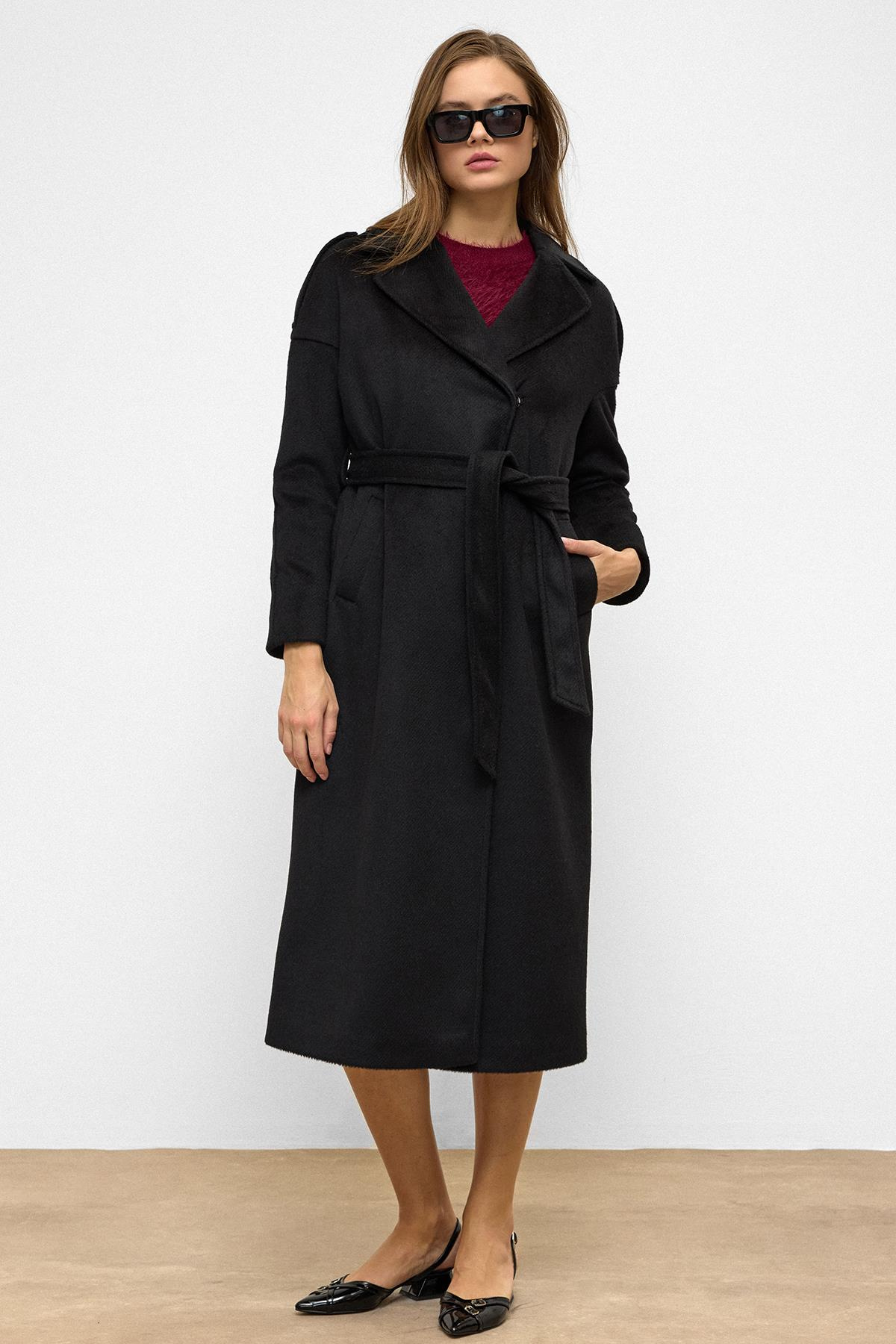 Oversized Mohair Coat with Epaulette Detail and Snap Closure BLACK 3147
