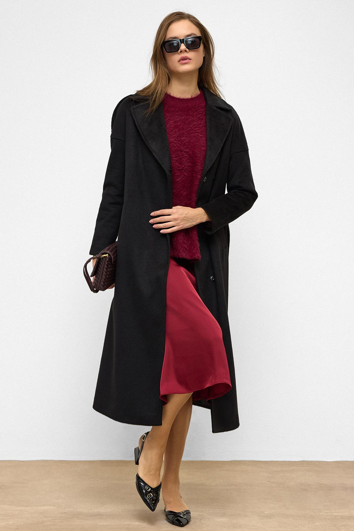Oversized Mohair Coat with Epaulette Detail and Snap Closure BLACK 3147