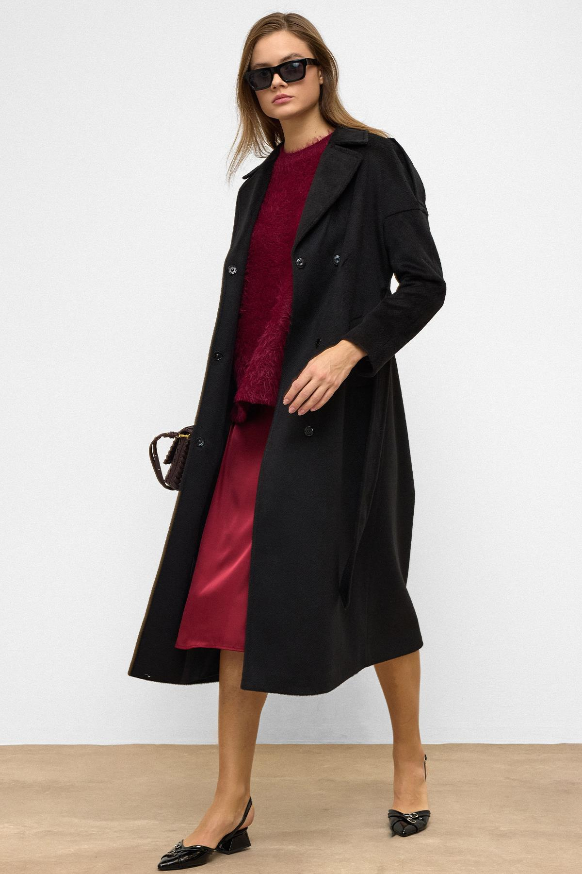 Oversized Mohair Coat with Epaulette Detail and Snap Closure BLACK 3147
