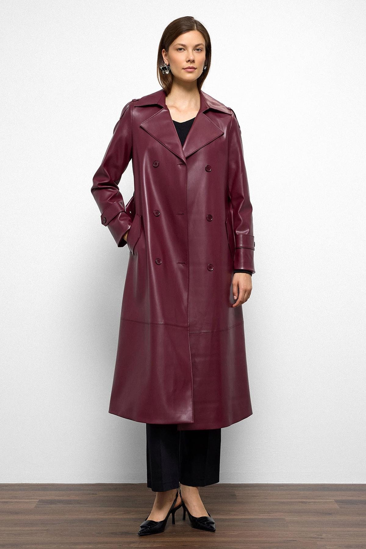 معطف ترنش جلدي مزدوج الصدر مع تفاصيل كتاف حافة 6756