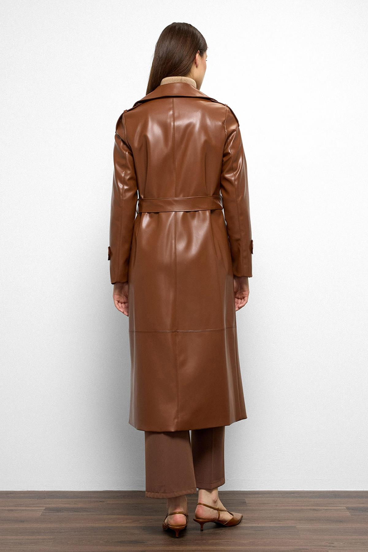 Apolet Detaylı Kruvaze Deri Trençkot TABA 6756