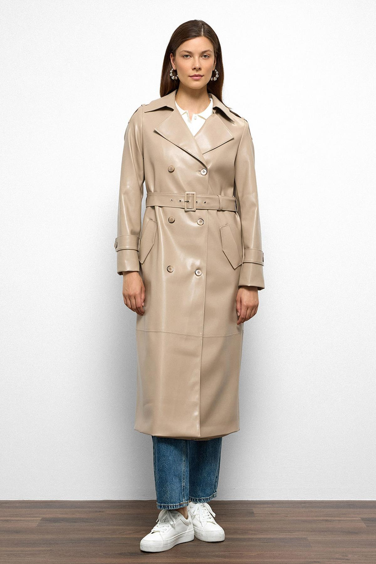 Double-Breasted Leather Trench Coat with Epaulette Detail STONE 6756