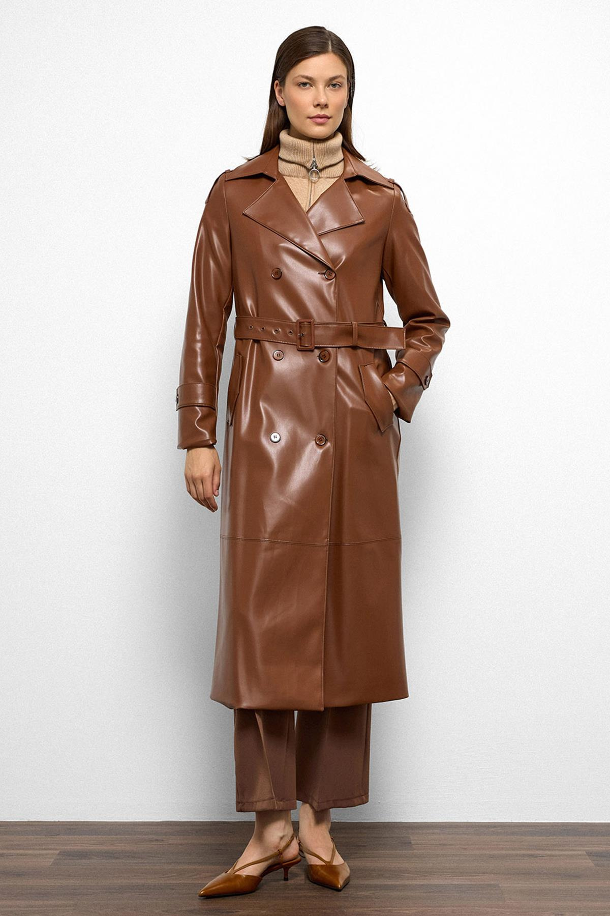 Apolet Detaylı Kruvaze Deri Trençkot TABA 6756