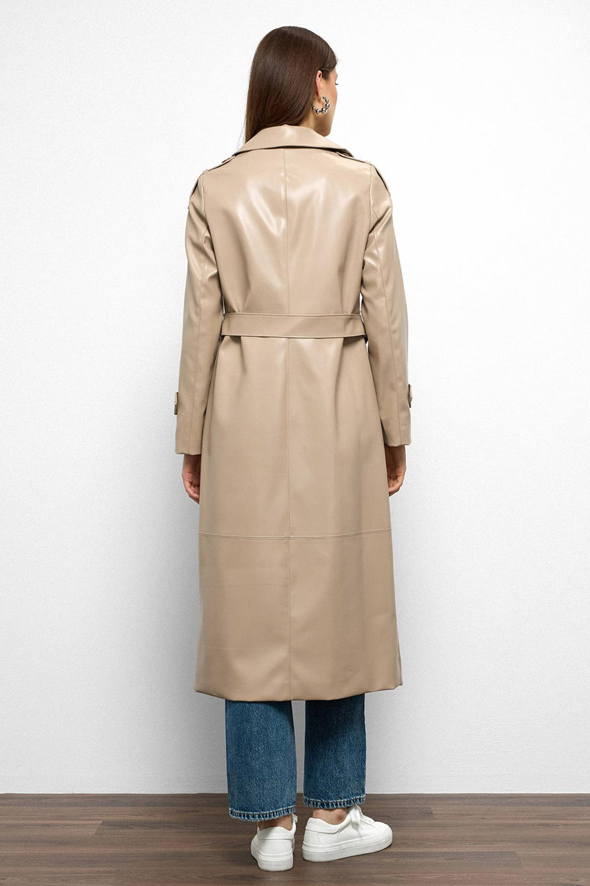 Double-Breasted Leather Trench Coat with Epaulette Detail STONE 6756