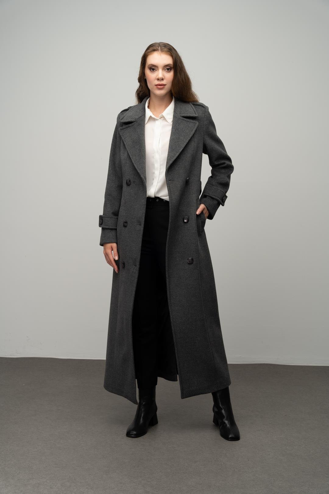 Double-Breasted Long Coat with Epaulette Detail DARK GREY 3056