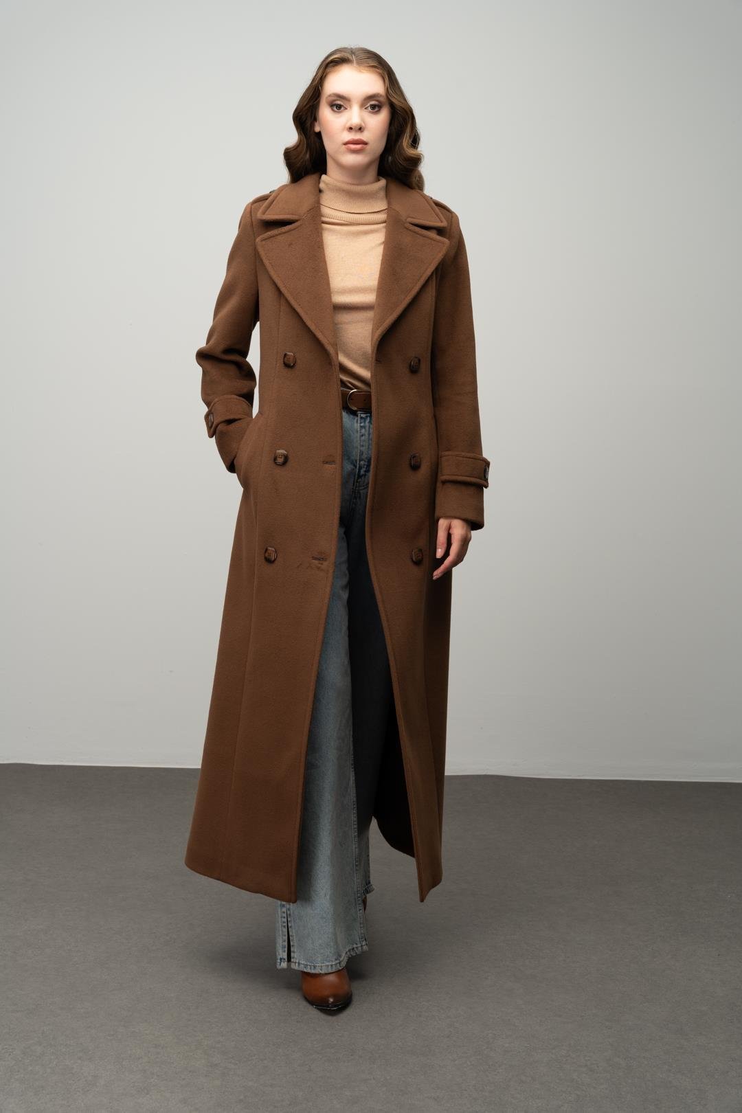 Apolet Detaylı Kruvaze Uzun Boy Kaban TÜTÜN 3056