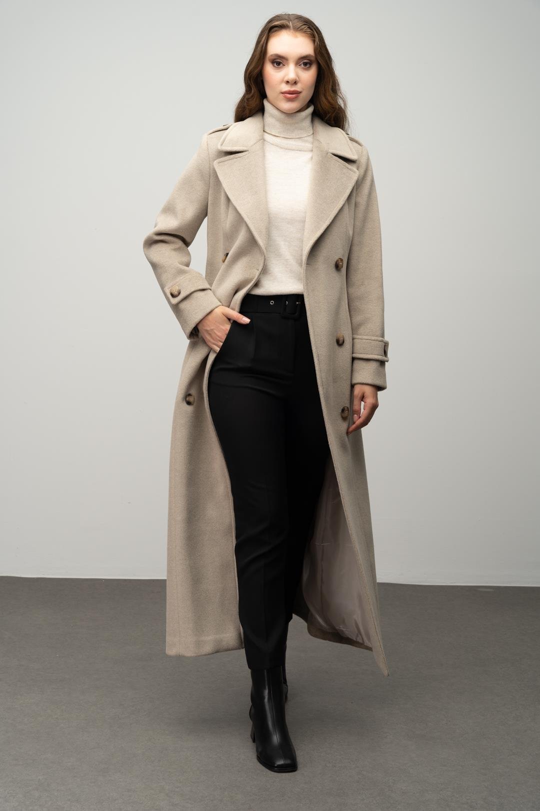 Apolet Detaylı Kruvaze Uzun Boy Kaban TAŞ 3056