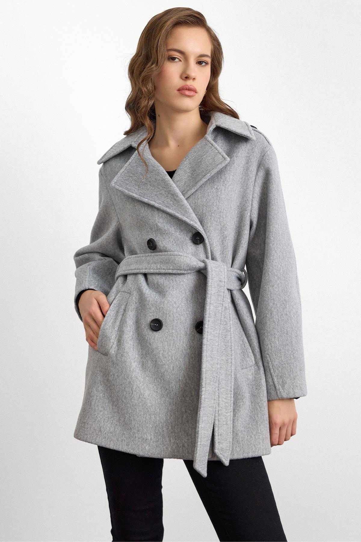 Apolet Detaylı Oversize Kısa Kaban AÇIK GRİ 3149