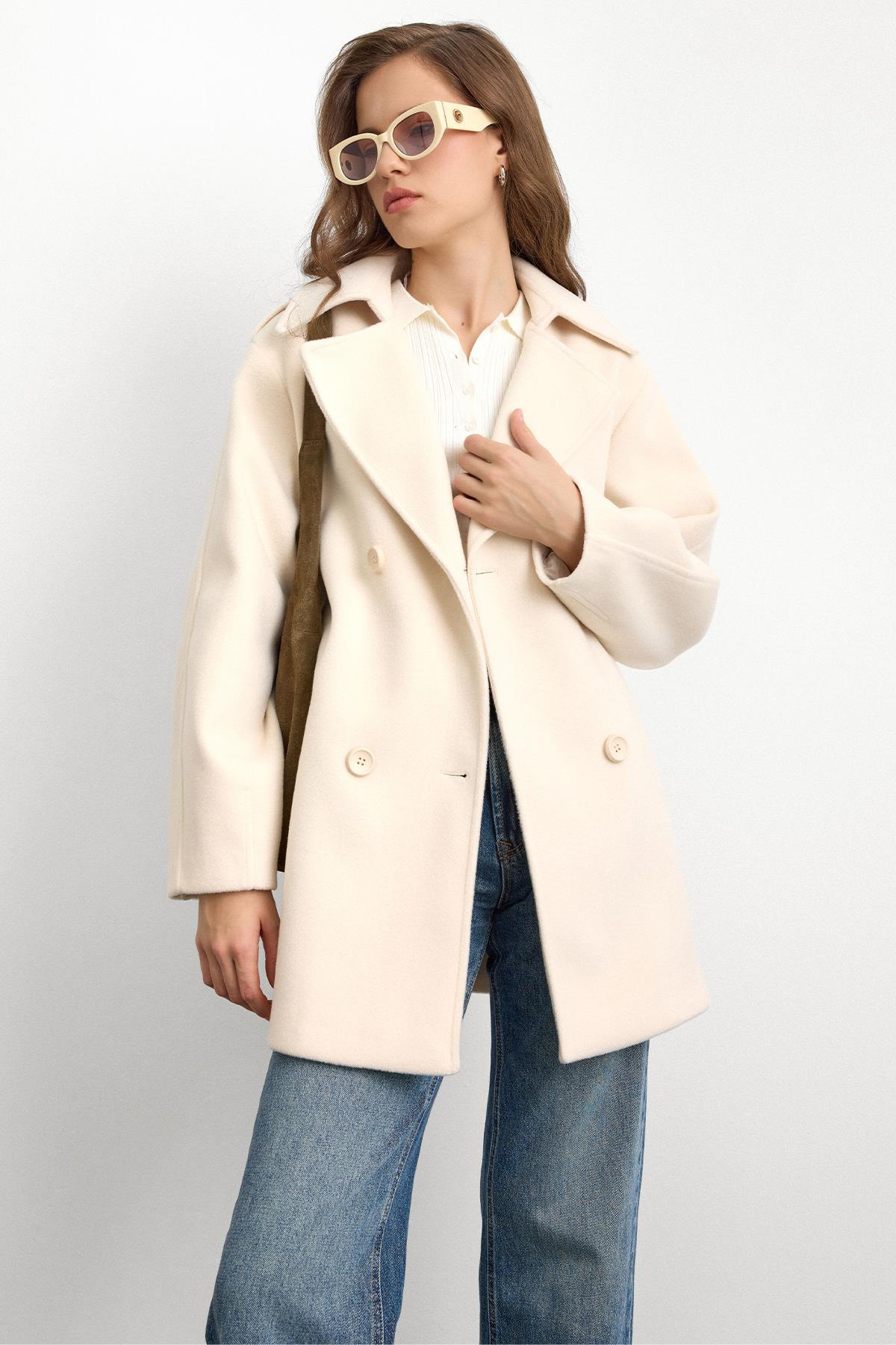 Apolet Detaylı Oversize Kısa Kaban EKRU 3149