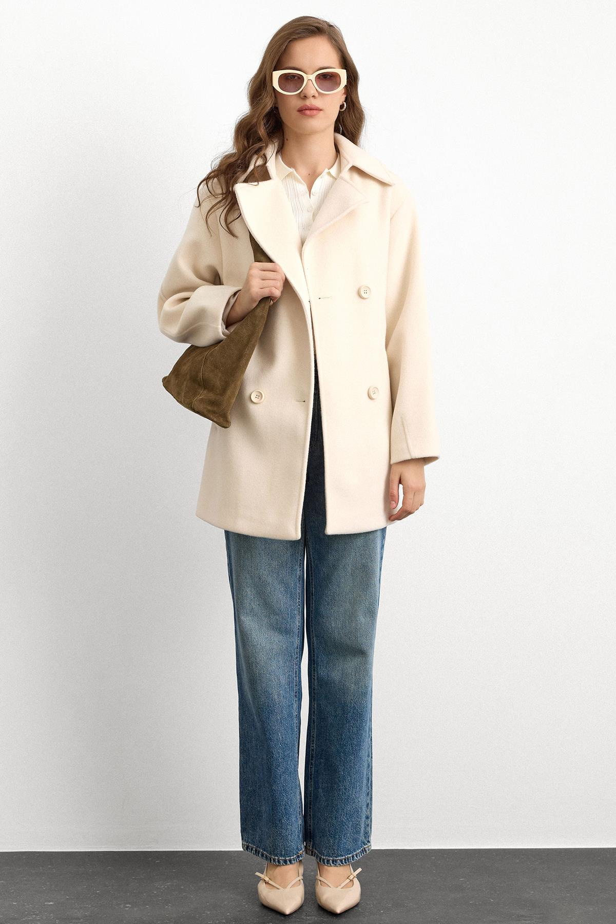 Apolet Detaylı Oversize Kısa Kaban EKRU 3149