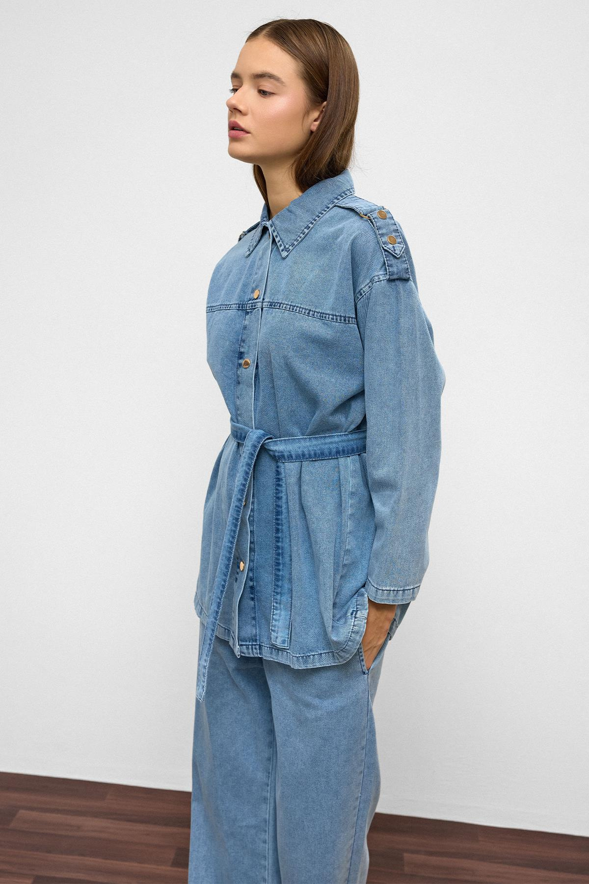 Apolet Detaylı Tunik Pantolon Denim Takım MAVİ 9381-TK