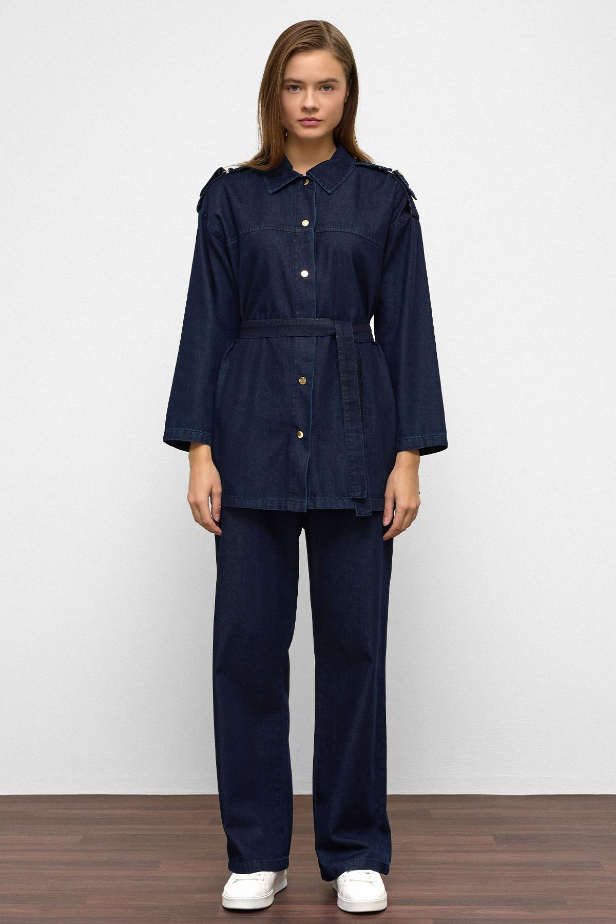 Apolet Detaylı Tunik Pantolon Denim Takım KOYU MAVİ 9381-TK