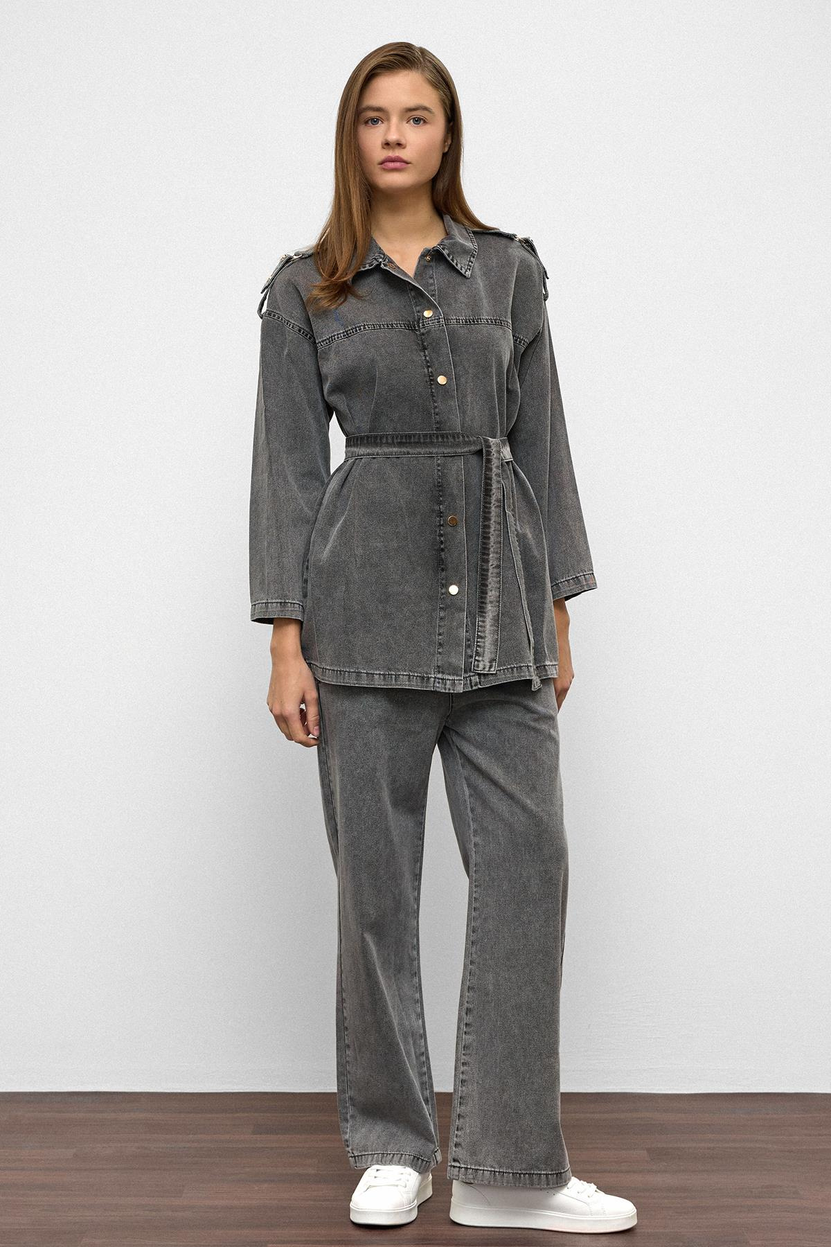 Apolet Detaylı Tunik Pantolon Denim Takım ANTRASİT 9381-TK