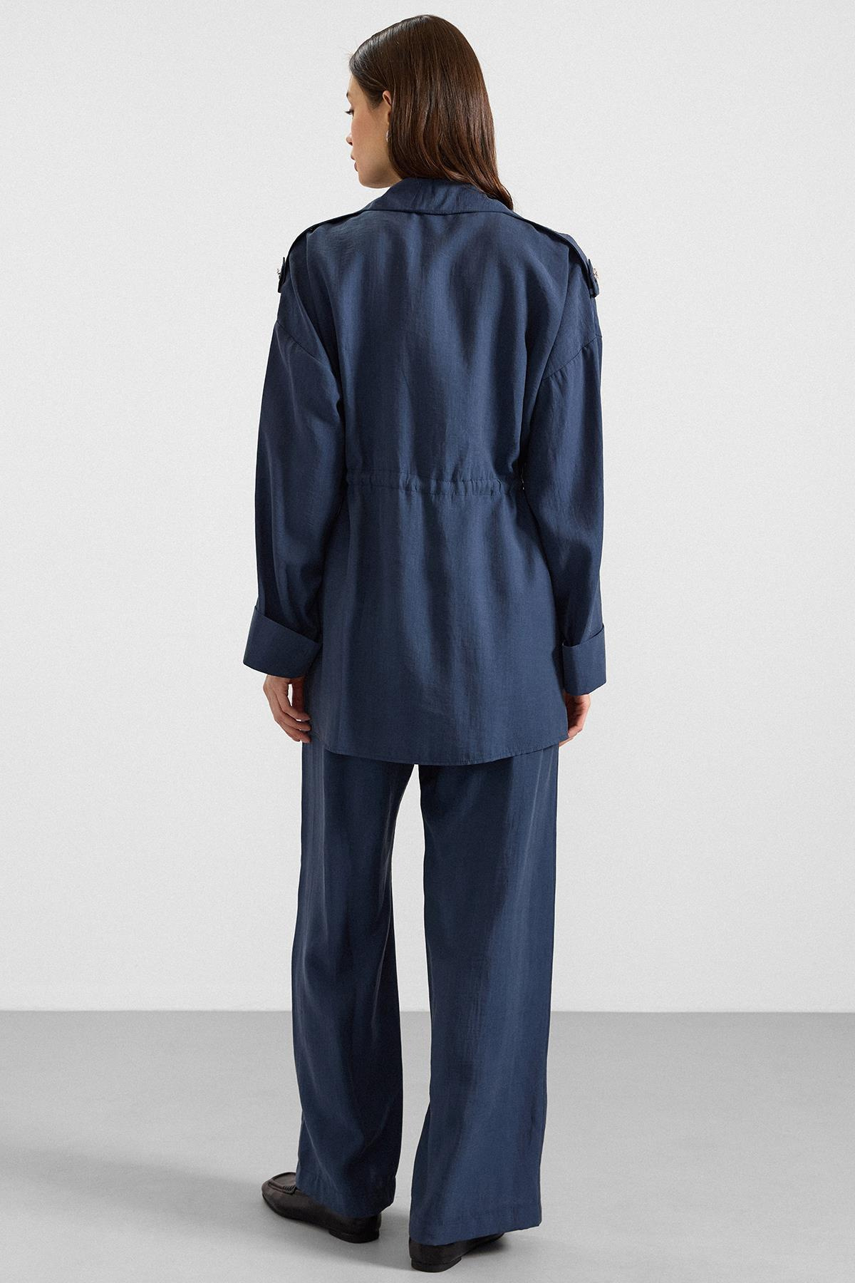 Apolet ve Büzgü Detaylı Soft Kumaş Ceket Pantolon Takım İNDİGO 9399-TK