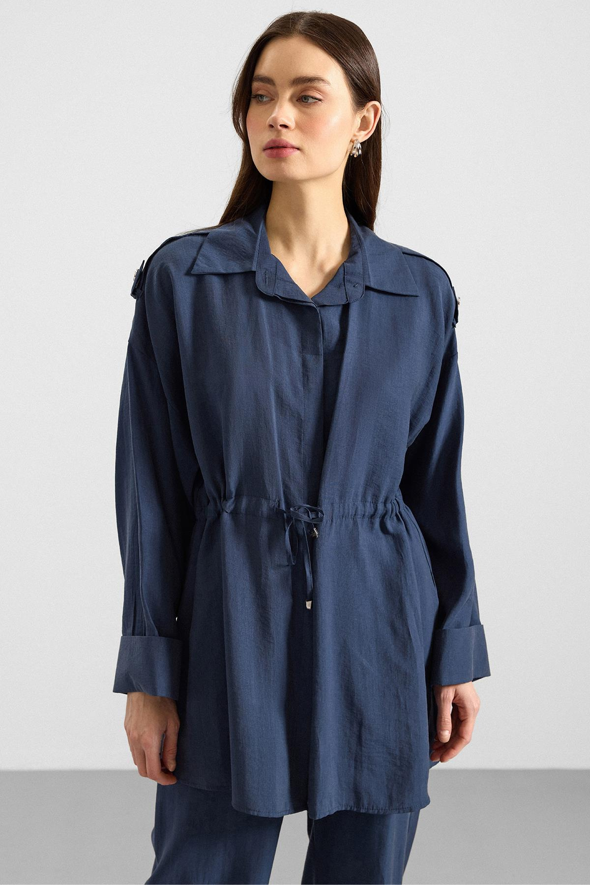 Apolet ve Büzgü Detaylı Soft Kumaş Ceket Pantolon Takım İNDİGO 9399-TK