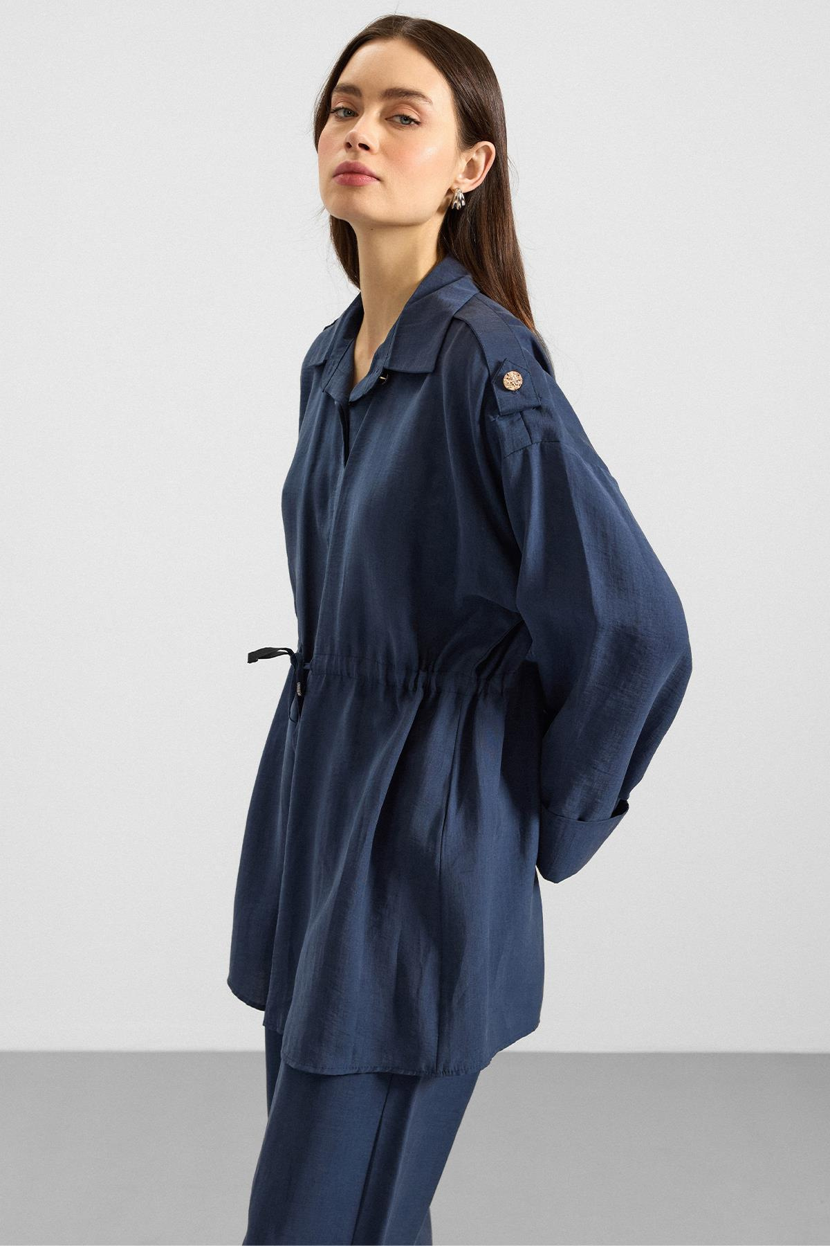 Apolet ve Büzgü Detaylı Soft Kumaş Ceket Pantolon Takım İNDİGO 9399-TK