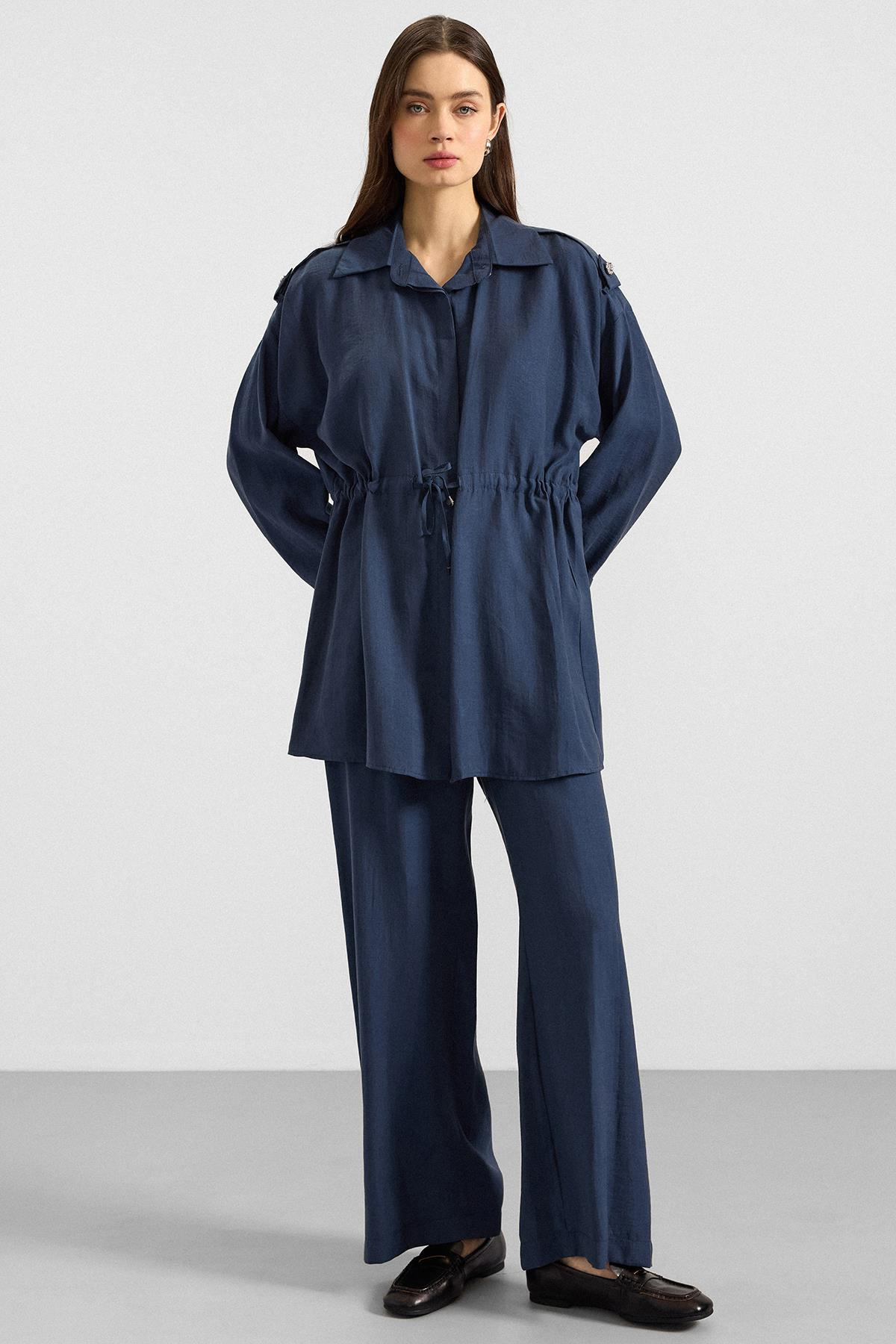 Apolet ve Büzgü Detaylı Soft Kumaş Ceket Pantolon Takım İNDİGO 9399-TK