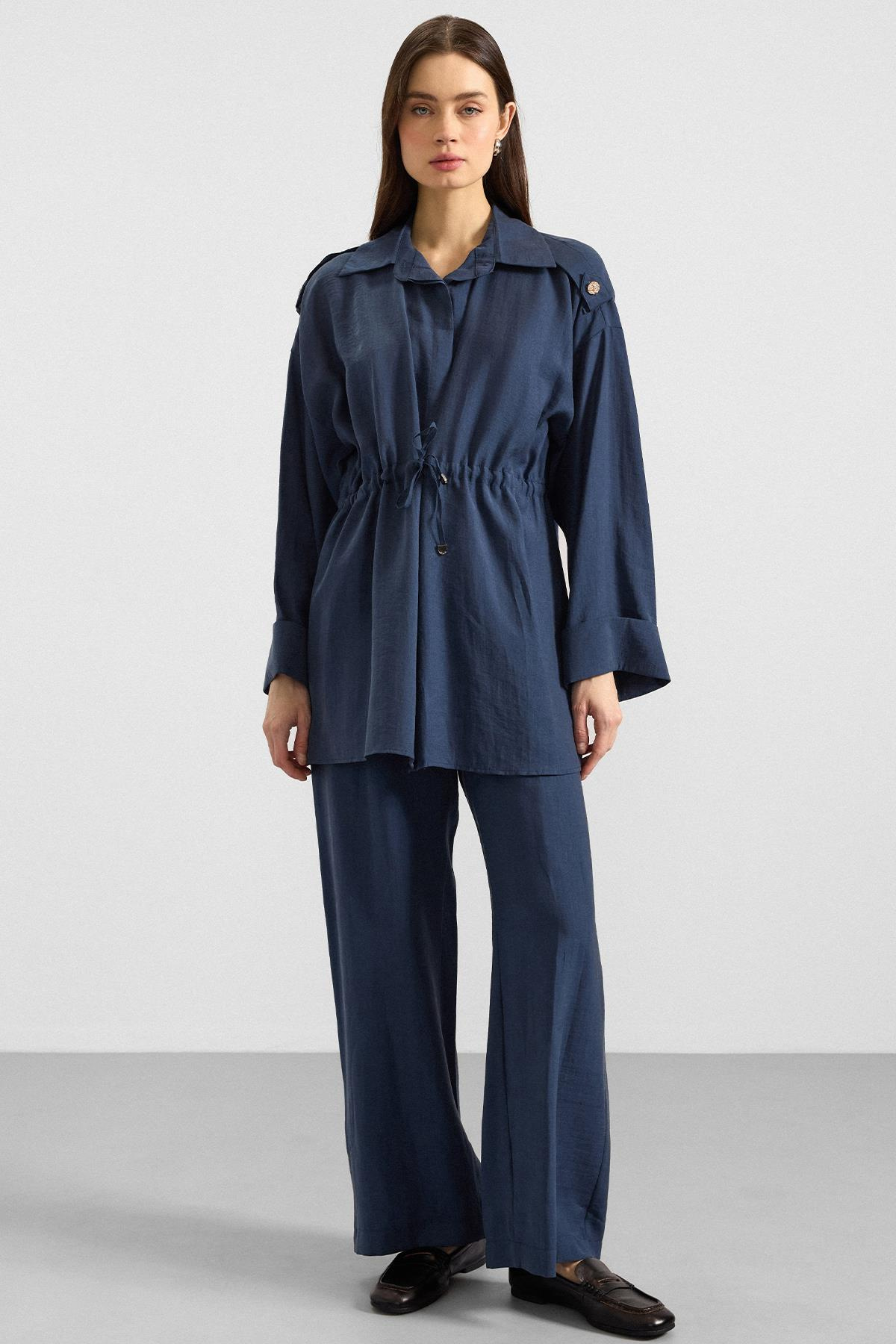 Apolet ve Büzgü Detaylı Soft Kumaş Ceket Pantolon Takım İNDİGO 9399-TK