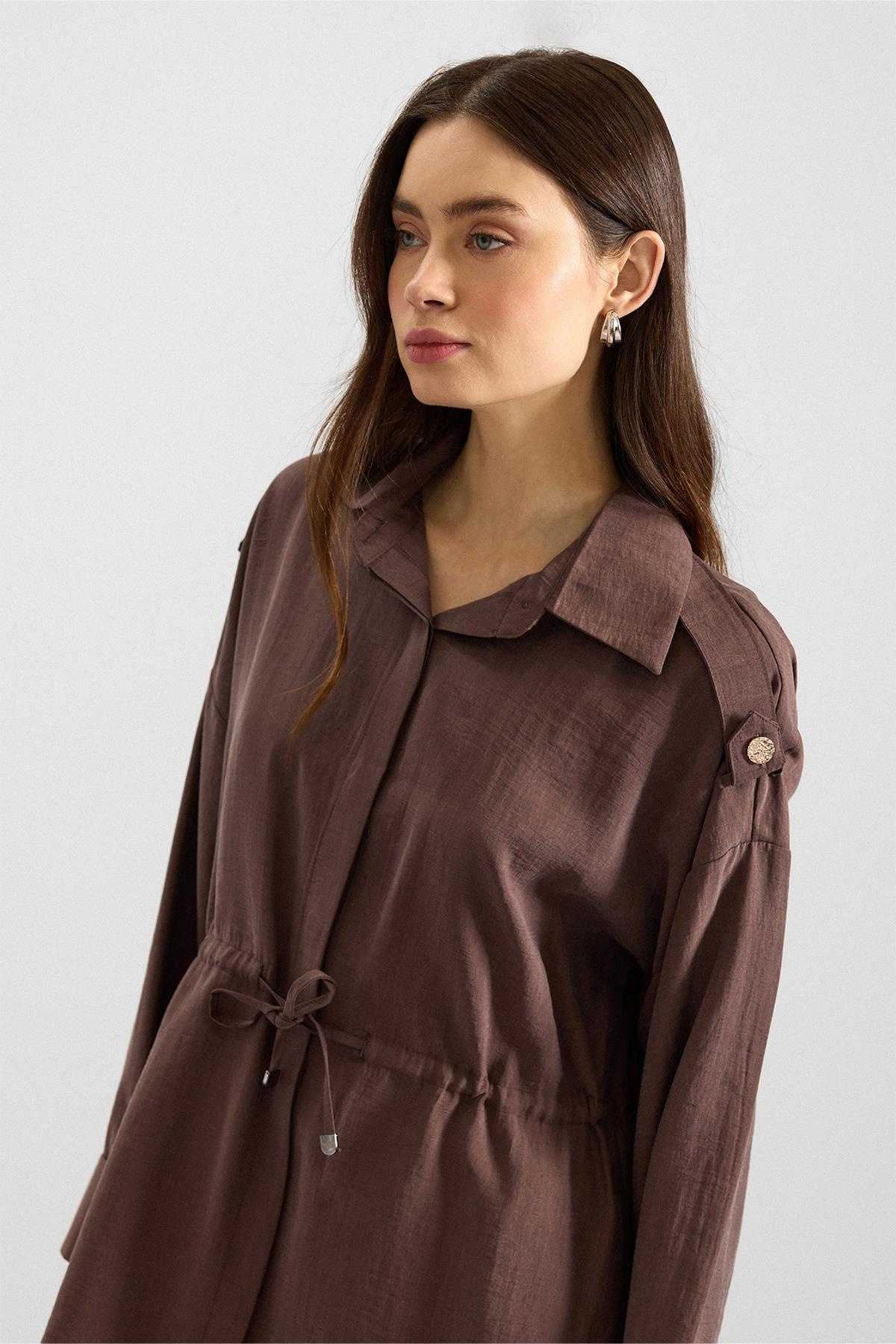 Apolet ve Büzgü Detaylı Soft Kumaş Ceket Pantolon Takım KAHVE 9399-TK