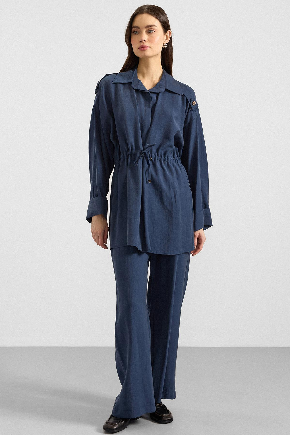 Apolet ve Büzgü Detaylı Soft Kumaş Ceket Pantolon Takım İNDİGO 9399-TK