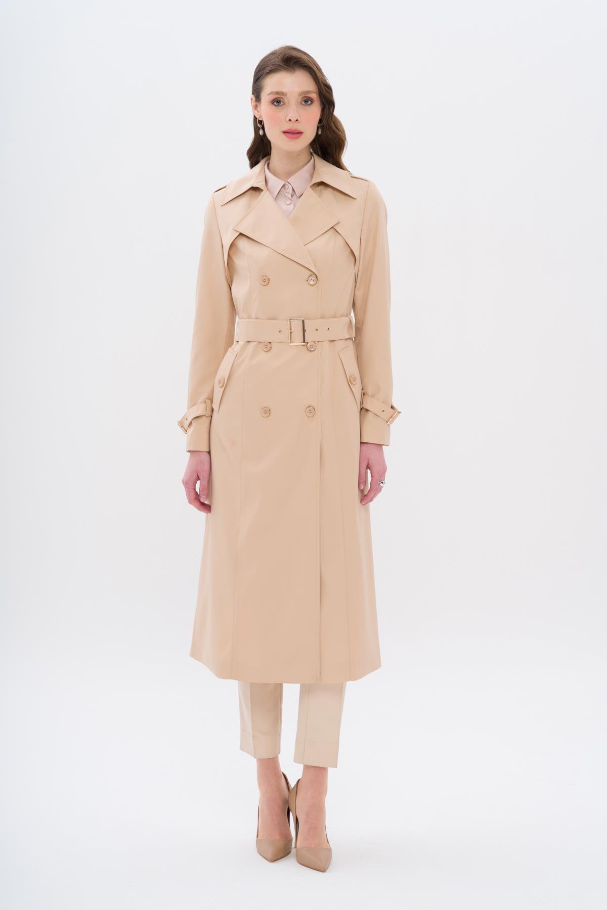 Double-Breasted Trench Coat with Epaulette and Cape Details IVORY 6651
