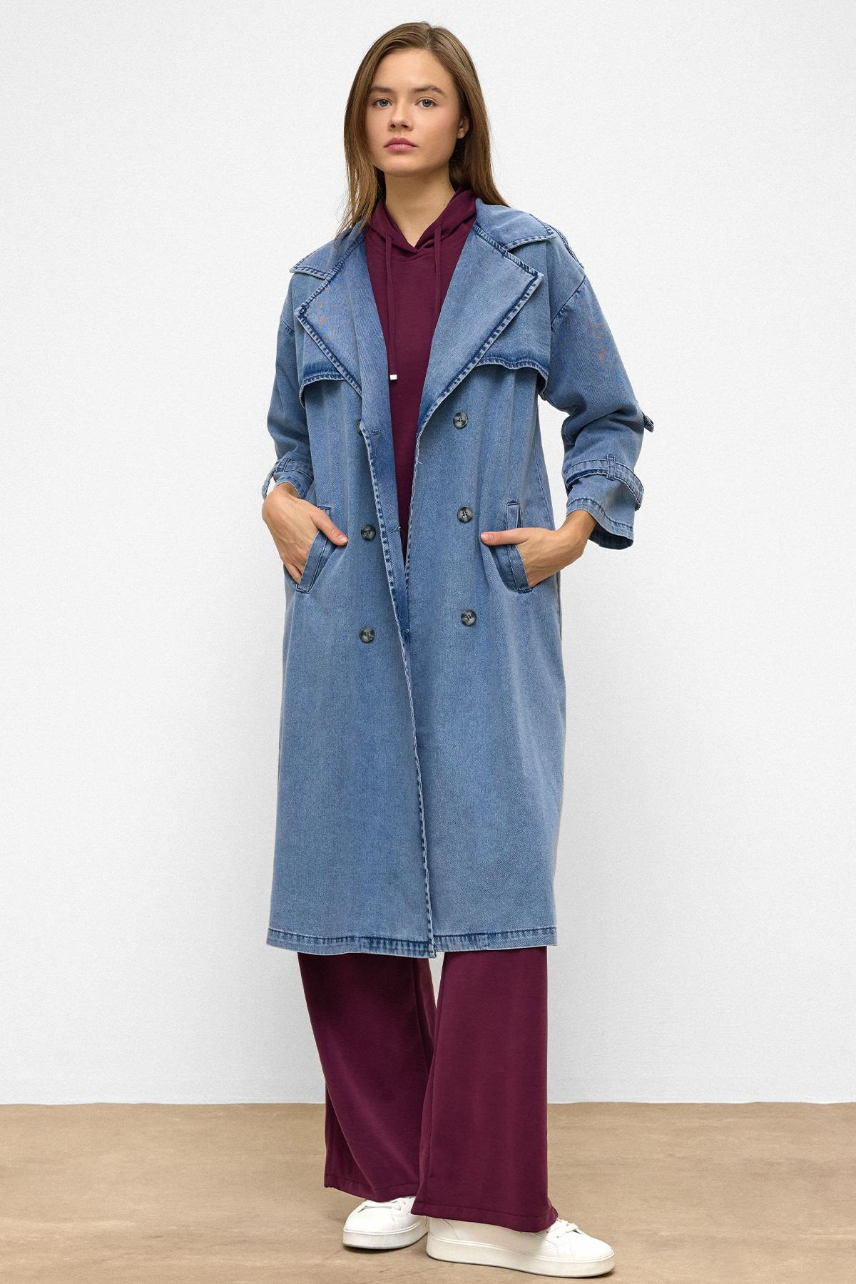 Apolet ve Pelerin Detaylı Oversize Denim Trençkot MAVİ 6789