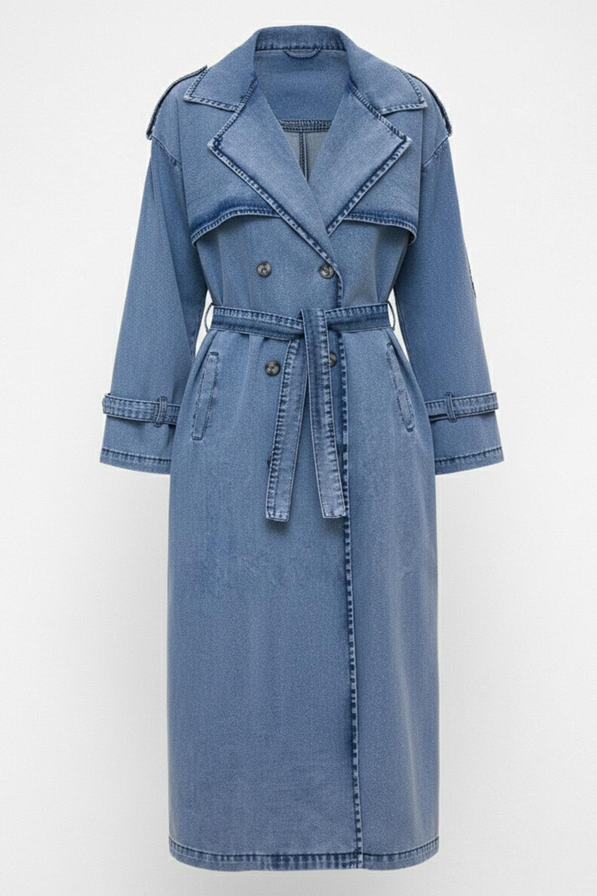 Apolet ve Pelerin Detaylı Oversize Denim Trençkot MAVİ 6789