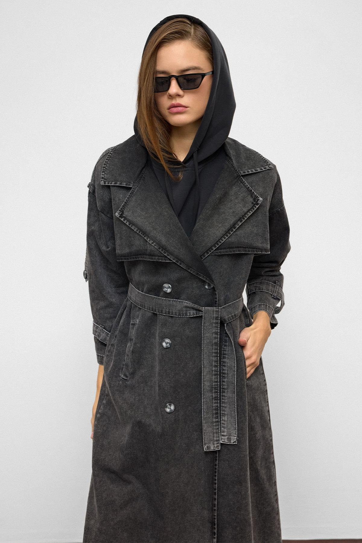Oversized Denim Trench Coat with Epaulette and Cape Detail HARD COAL 6789