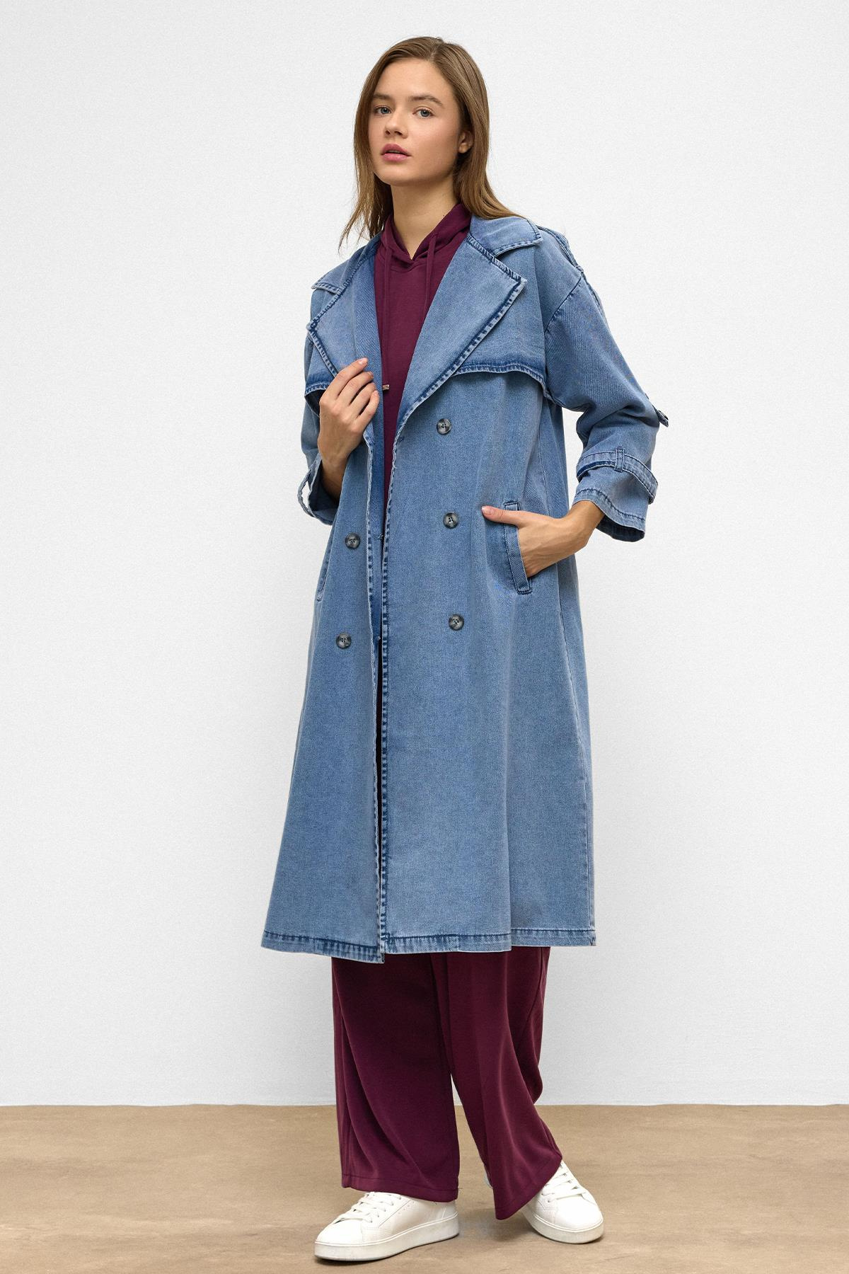 Apolet ve Pelerin Detaylı Oversize Denim Trençkot MAVİ 6789