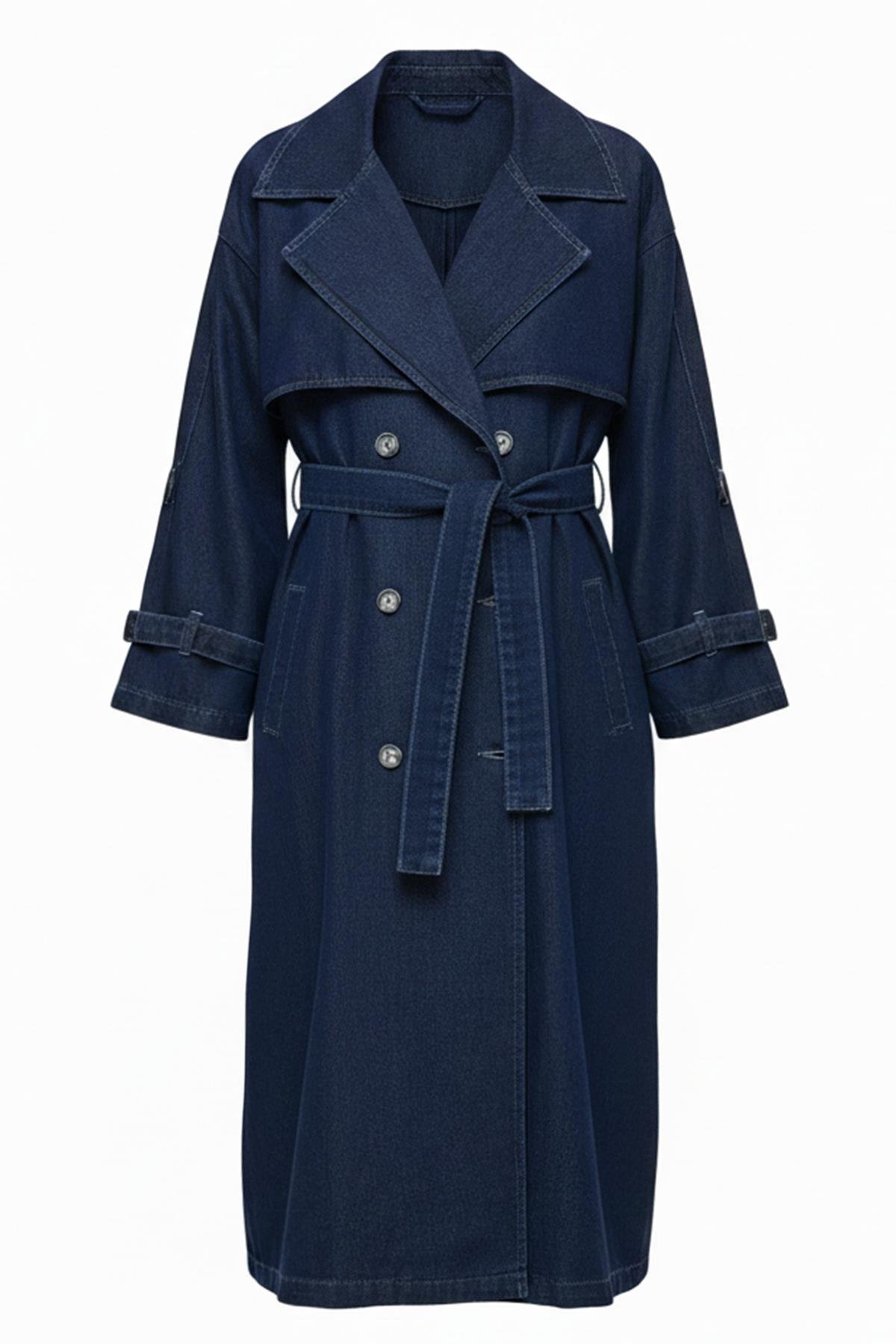 معطف ترنش من قماش الدنيم كبير الحجم مع كتاف وتفاصيل عباءة أزرق غامق 6789