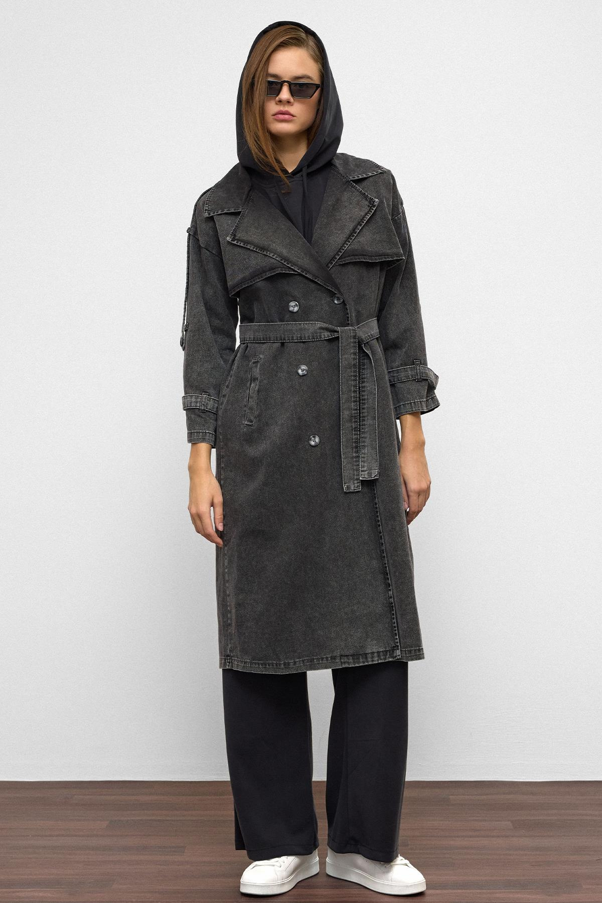 Oversized Denim Trench Coat with Epaulette and Cape Detail HARD COAL 6789