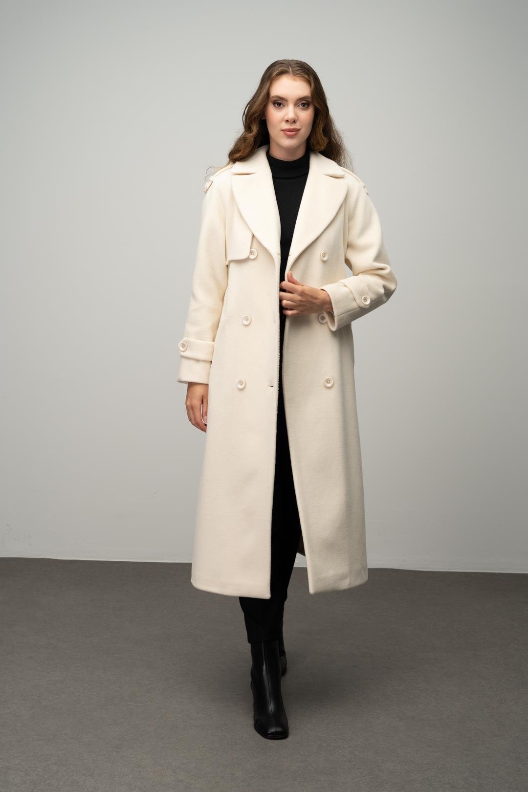 Raglan Sleeve Double Breasted Coat with Epaulette and Cape Detail IVORY 3045