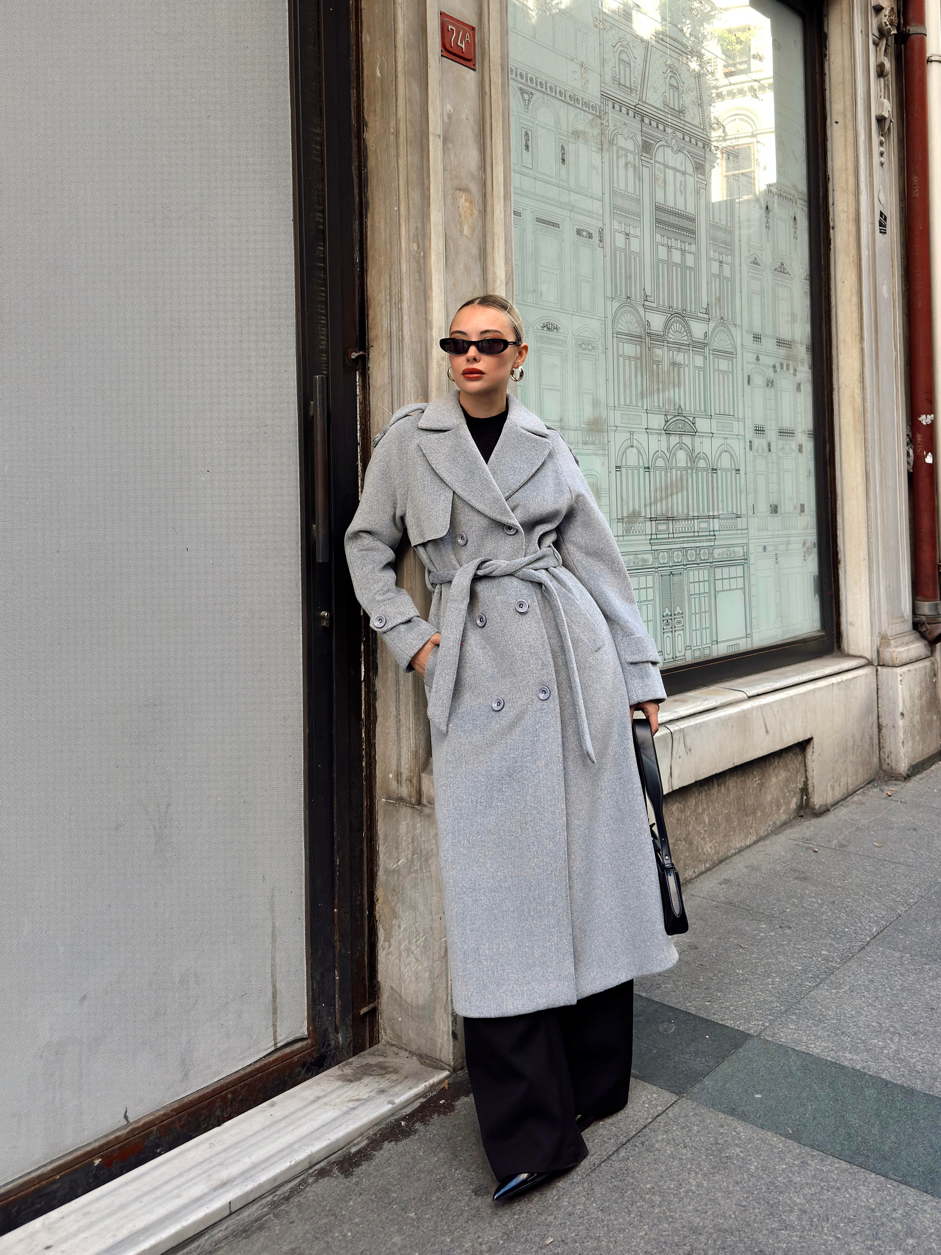 Raglan Sleeve Double Breasted Coat with Epaulette and Cape Detail A.GRI 3045